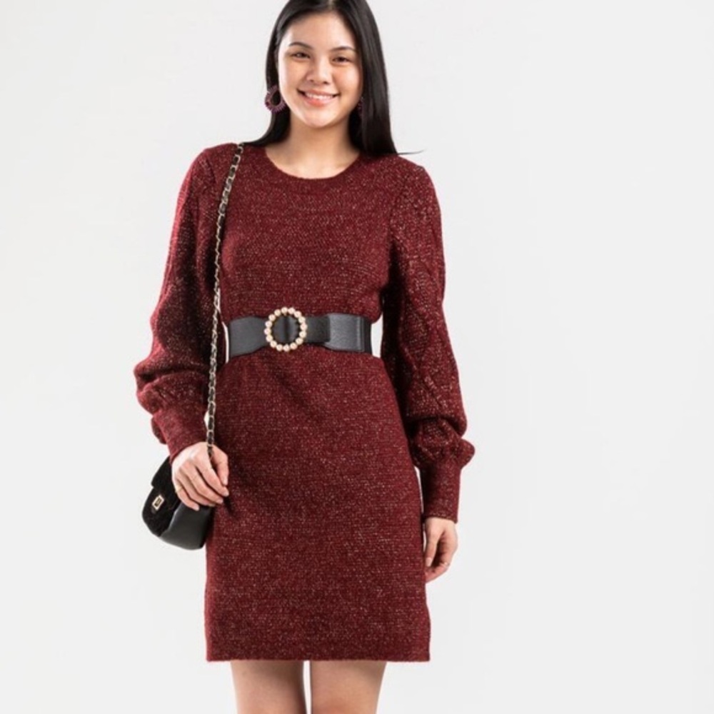 NWT Francesca’s Burgundy Shimmer Knit Sweater Dress - Picture 2 of 10
